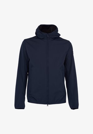 Granatowa kurtka z kapturem, zamkiem z przodu, długimi rękawami i dwoma bocznymi kieszeniami, zaprojektowana do użytku na zewnątrz.