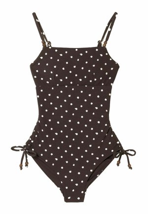 Brauner Einteiler-Badeanzug mit weißen Polka-Dots, verstellbaren Schulterriemen und Seitenschnüren mit Holzperlenakzenten.