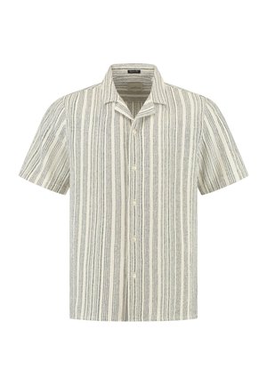 Short-sleeved button-up shirt featuring a cream base with vertical blue stripes, a collar, and a relaxed fit. Made of lightweight fabric.