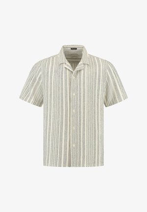 Lühikeste varrukatega nööbiga särk, millel on kreemjas alus ja vertikaalsed sinised triibud, krae ja mugav lõige. Valmistatud kergest kangast.