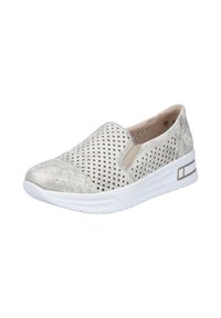 Slip-on shoes with a light gray perforated fabric upper, white cushioned sole, and subtle embossed patterns on the toe and sides.