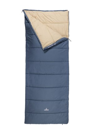 Marineblauer Schlafsack mit cremefarbenem Innenfutter, gesteppter Naht, durchgehendem Reißverschluss und einem Logo auf der Außenseite.