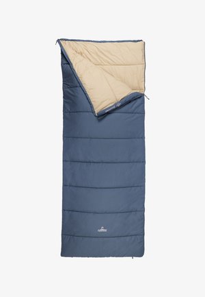 Marineblauer Schlafsack mit cremefarbenem Innenfutter, gesteppter Naht, durchgehendem Reißverschluss und einem Logo auf der Außenseite.