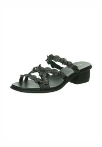 Black open-toe sandals with floral embellishments, featuring a low block heel and straps across the foot for a secure fit.