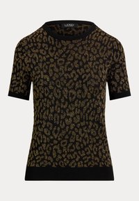 Čierny top s krátkym rukávom s leopardím motívom v zlatej farbe. Vyrobený z štruktúrovanej tkaniny s ribovaným okrajom okolo krku a spodnej časti.