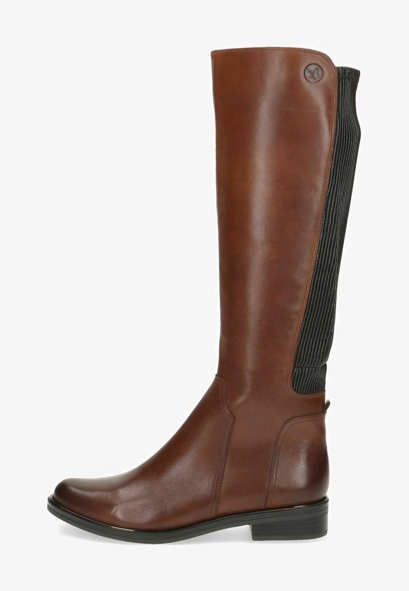 Knöchelhöhe braune Lederstiefel mit einem schwarzen gerippten Elastik-Einsatz auf der Rückseite, runder Zehenform und niedrigem Blockabsatz.