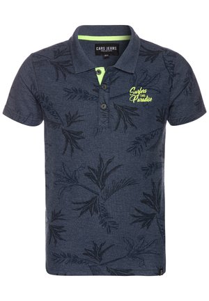 Marineblaues kurzärmeliges Poloshirt mit schwarzen tropischen Blättern und limettengrünem Text "Surfers Cars Paradise" auf der Brust.
