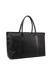 Zwarte leren tote bag met een gladde textuur, twee stevige handvatten en verticale accenten. Rechthoekige vorm, ruime binnenkant, minimalistisch ontwerp.