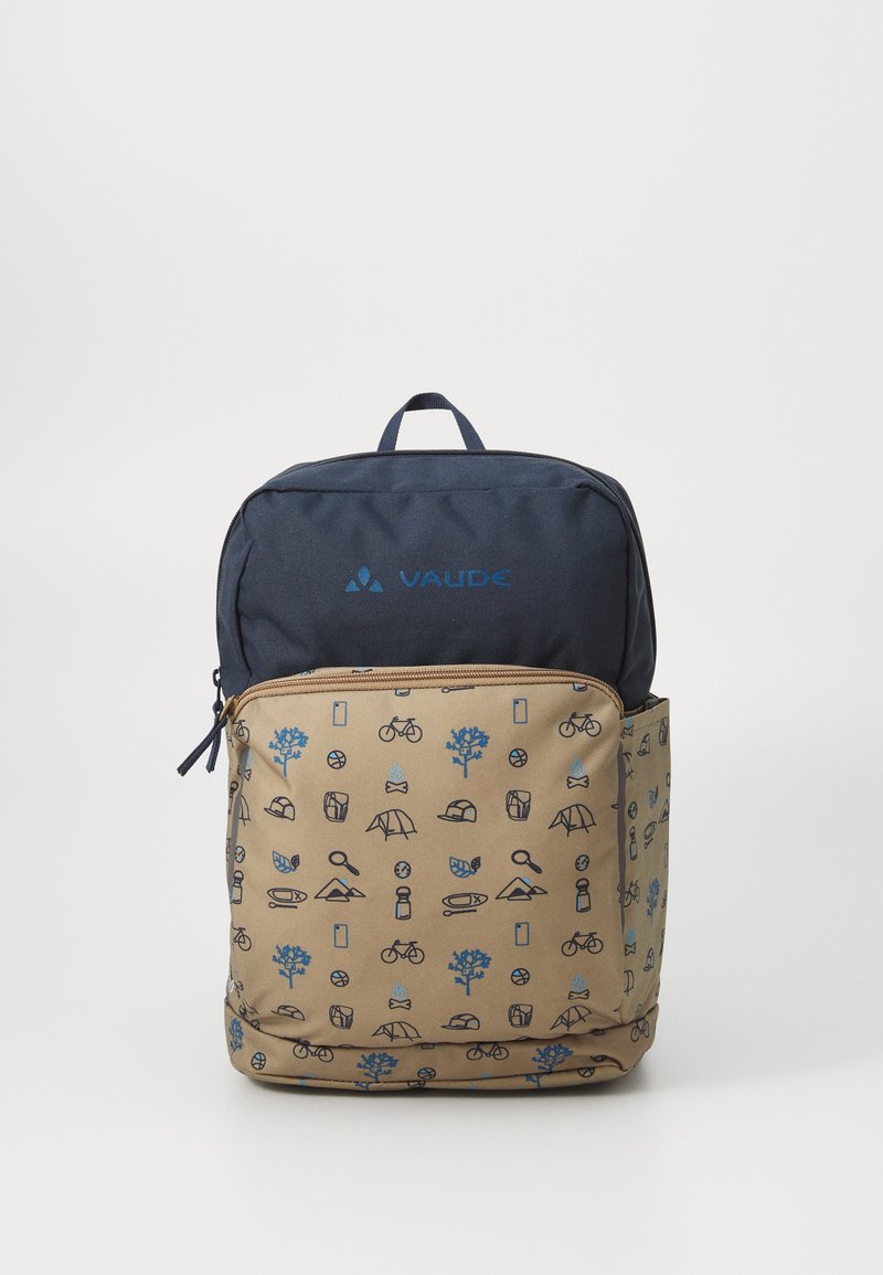 Backpack with a navy blue top section and a tan bottom featuring blue outdoor-themed illustrations, including trees, tents, and bicycles.