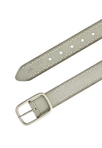 Light gray leather belt with a silver metal buckle. Features evenly spaced holes along the strap for adjustment. Smooth texture and clean lines.