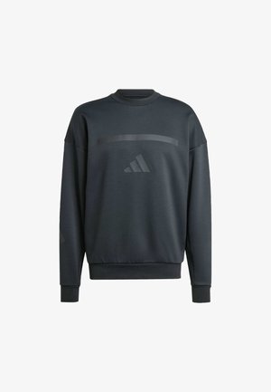 Mørkegrå sweatshirt med rund hals, lange ærmer, ribbede manchetter og en glat overflade, der har en blank vandret stribe og logo på forsiden.
