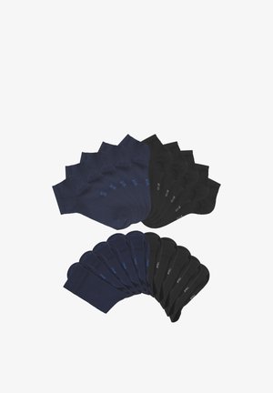 Satz von 12 Socken in Schwarz und Marineblau. Baumwollmischung, flaches Design, glatte Textur, mit Logodetail in kontrastierenden Farben nahe dem Knöchel.