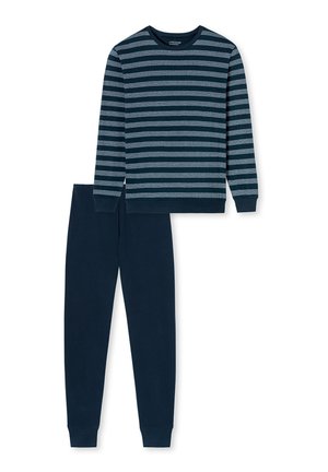 Marineblau gestreifes Langarmshirt mit grauen horizontalen Streifen, kombiniert mit einfarbigen marineblauen Hosen. Beide aus weichem Stoff gefertigt, mit gerippten Bündchen.