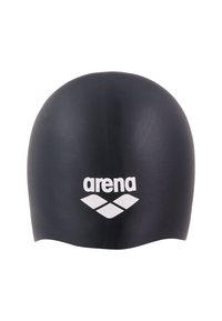 Czepa pływacka z czarnego silikonu o gładkiej teksturze z białym logo Arena. Posiada zaokrąglony kształt, który gwarantuje ciasne dopasowanie.