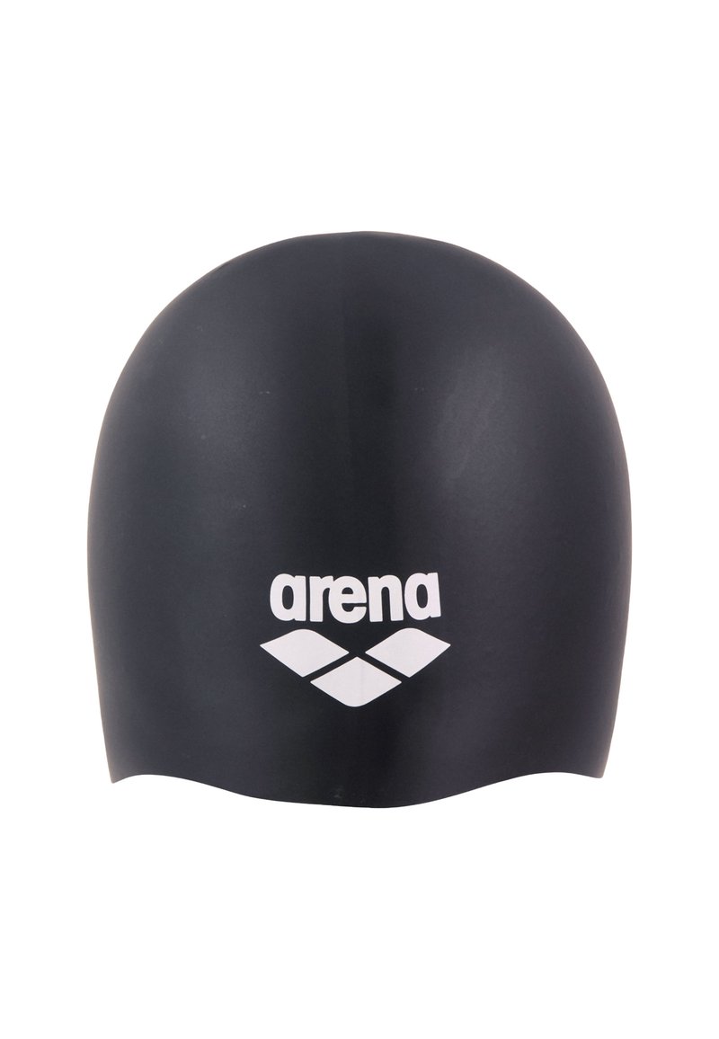 Czepa pływacka z czarnego silikonu o gładkiej teksturze z białym logo Arena. Posiada zaokrąglony kształt, który gwarantuje ciasne dopasowanie.