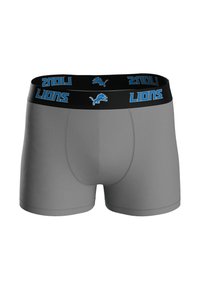 Szare bokserki z czarnym pasem w talii ozdobionym niebieskim napisem "LIONS" i logo lwa. Gładka tkanina, dopasowany krój i bezszwowe krawędzie.