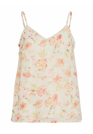 Krémový top typu camisole s ružovým a broskyňovým kvetinovým vzorom, tenké nastaviteľné ramienka a zvlnený čipkovaný lem pozdĺž výstrihu.