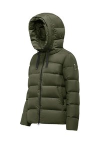 Giacca puffer verde con cappuccio removibile, chiusura con zip e dettagli in hardware nero. Presenta un design trapuntato e tasche laterali.
