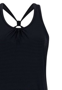 Schwarzes Tanktop mit dünnen horizontalen Streifen, gerafftem Ausschnitt und Racerback-Trägern, die hinten durch eine kleine Schlaufe verbunden sind.