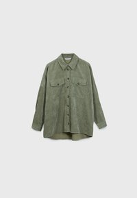 Olive green, suede-like shirt with a collar, front button closure, two chest pockets, and long sleeves. Features a slightly rounded hem.