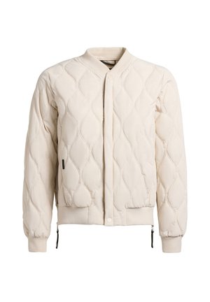 Crèmekleurig doorgestikt bomberjack met golvende stiksels, geribbelde boorden en zoom, verborgen knopen aan de voorkant en ritssluiting details aan de zijkanten.