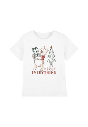 White cotton t-shirt featuring an illustration of a bear holding gifts with a green tree and the text "MERRY EVERYTHING" in red.