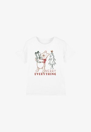 White cotton t-shirt featuring an illustration of a bear holding gifts with a green tree and the text "MERRY EVERYTHING" in red.