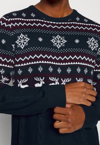 Marinblå stickad tröja med vita snöflingor, röda zigzag-mönster och renmotiv. Ribbad rundhalsning och flätstickade ärmar.