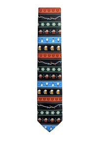 Mönstrad slips med olika motiv, inklusive ölkrus och snögubbar, i färger som svart, blå, röd och grön. Texturerad tyg.