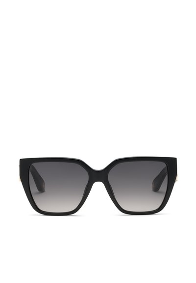 Lunettes de soleil carrées noires surdimensionnées avec des montures épaisses et des verres foncés dégradés, vues de face sur un fond blanc.