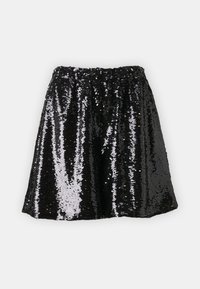 Jupe en sequins noirs avec une taille élastique, présentant une forme ample et évasée ainsi qu'une surface brillante et texturée qui reflète la lumière.