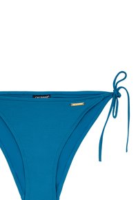 Blå bikiniunderdel med texturerad väv, justerbara knytband i sidorna och en liten guldfinish. Har slät foder och en midjehöjd design.