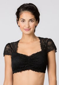 Schwarzer Spitzen-Bralette mit kurzen Puffärmeln, floralem Muster und gerafftem Vorderteil. Enthält zarte dekorative Kanten und eine weiche Textur.