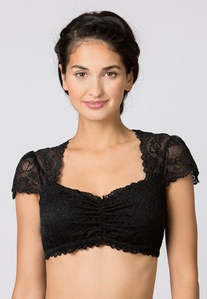 Schwarzer Spitzen-Bralette mit kurzen Puffärmeln, floralem Muster und gerafftem Vorderteil. Enthält zarte dekorative Kanten und eine weiche Textur.