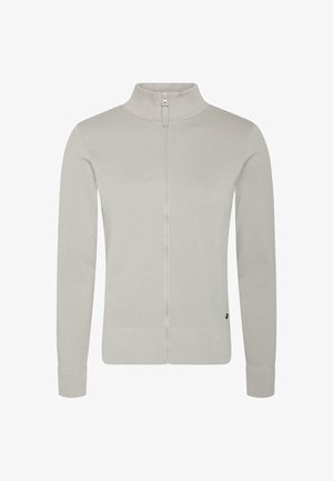 Svijetlosiva zip-up jakna s visokim ovratnikom, s herringbone teksturom, dugim rukavima i rebrastim manžetama i rubom. Minimalna oznaka branda.