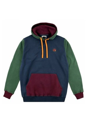 Felpa con cappuccio caratterizzata da un corpo blu navy, maniche verdi e una tasca bordeaux. Cordini arancioni vivaci e un logo di elefante ricamato.