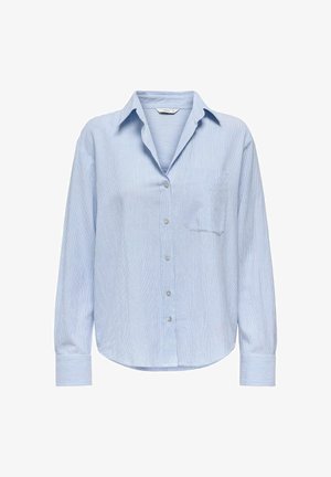 Svijetloplava košulja na dugih rukava s kragnom, džepom na prsima i suptilnim prugastim uzorkom. Glatka tkanina s opuštenim krojem.