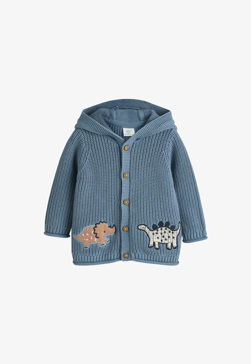 Cardigan per bambino lavorato a maglia blu con cappuccio, bottoni frontali e toppe applicate a forma di dinosauro su ciascun lato vicino all'orlo.