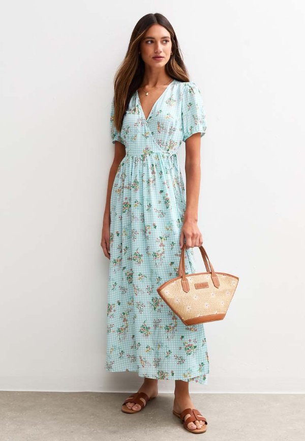 GINGHAM CHECK FLORAL WRAP MIDI - Freizeitkleid