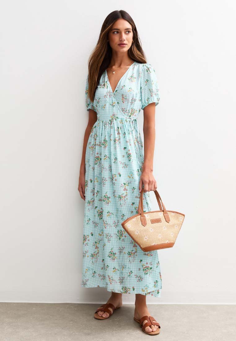 New Look - GINGHAM CHECK FLORAL WRAP MIDI - Jurk - blue pattern, Vergroten