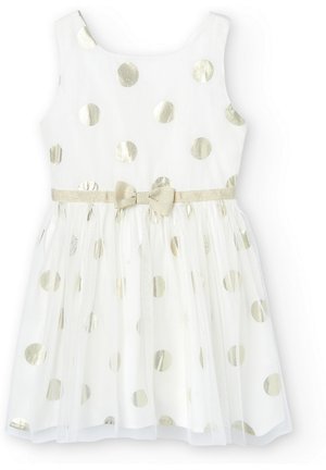White sleeveless dress with gold polka dots, a gold waistband, and a small bow at the center waist, featuring a tulle skirt overlay.