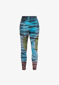 Leggingse od rastezljivog materijala, s uzorkom tie-dye u plavoj, crnoj, zelenoj i smešnoj boji. Prilagođen dizajn s visokim strukom.