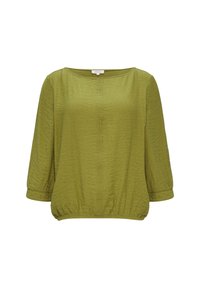 Groene, loose-fit blouse van gestructureerde stof met 3/4 mouwen en elastische zoom. Eenvoudige ronde hals, minimalistisch ontwerp en geen patronen.
