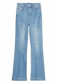 Jeans de mezclilla azul claro de pierna acampanada con una cintura alta, que cuentan con bolsillos delanteros, costuras en contraste y un corte recto.
