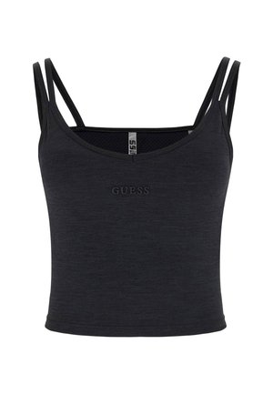 Black fitted tank top with thin double straps, made from a soft, textured material. Features a tonal "GUESS" logo on the front.
