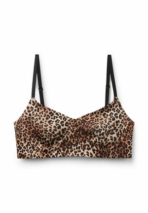 Bralette à imprimé léopard avec bonnets moulés et bretelles noires réglables sur fond blanc.