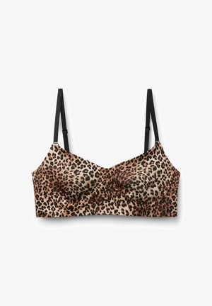Bralette à imprimé léopard avec bonnets moulés et bretelles noires réglables sur fond blanc.