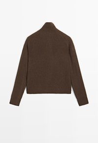 Maglione a coste marrone con maniche lunghe e colletto alto, mostrato da dietro su uno sfondo bianco.