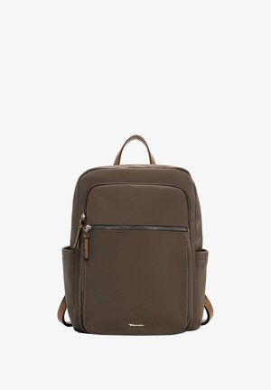 Brown backpack made of smooth material with a zippered front pocket, subtle logo, and adjustable shoulder straps. Includes side pocket.