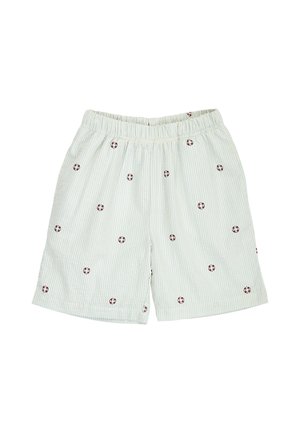 Lyseblå stribede shorts med elastisk talje, med små røde og hvide redningskransmønstre spredt ud over stoffet.